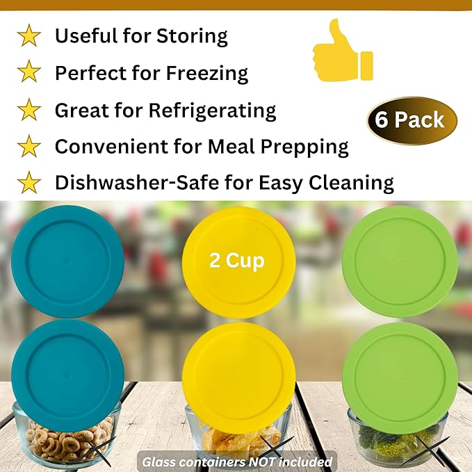2 Cup/470 mL Turquoise/Yellow/Spring Green Replacement Lids/Covers for Pyrex 7200-PC, 16oz Anchor Hocking & KlareWare Storage Bowls *Lids Only Glass Container Not Included* (6 Pack, Turq/Y/Spring Grn)