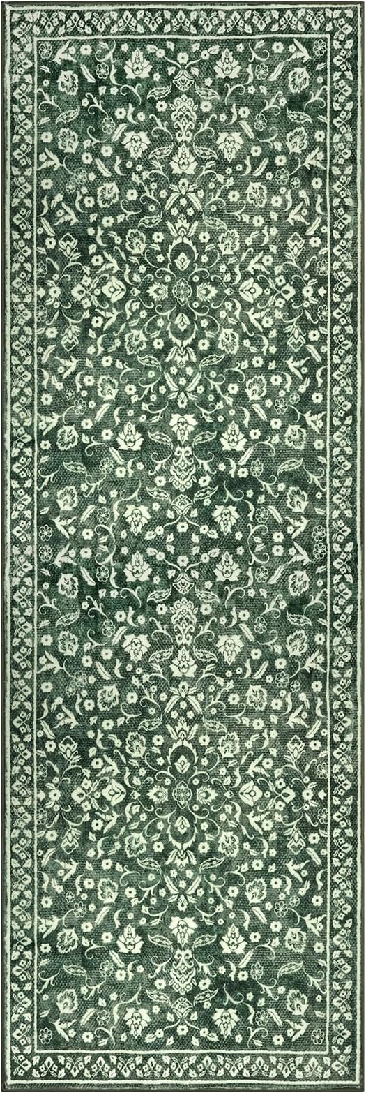 Vintage 2x7 Runner Rug, Forest Green Washable Runners for hallways, Super Soft Kitchen Runner Rug Non Slip, Print Faux Wool Floral Thin Carpet Runner for Entryway Indoor Bedside Runner