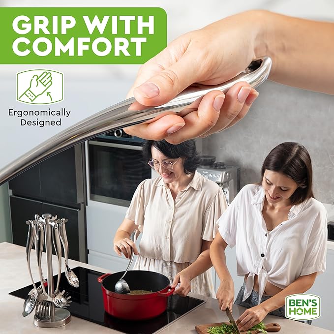 BEN'SHOMEยฎ Stainless Steel Utensil Tools Set with Holder Stand - Spatula, Spaghetti Server, Draining spoon, Serving spoon, Ladle, and Skimmer Spoon | Dishwasher Safe, Mirror Polished