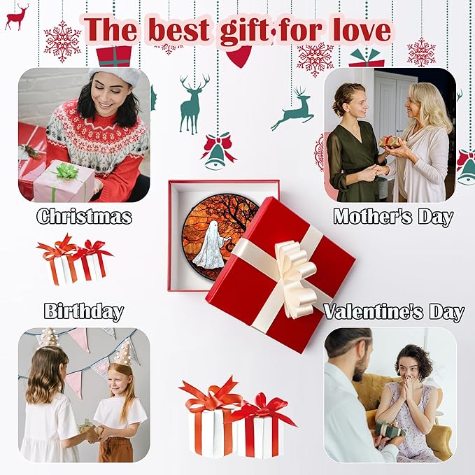 Stained Glass Window Hanging - Halloween Ghost Holding A Pumpkin Lantern Suncatcher for Door Garden Spooky Tree Sun Catchers Gothic Decorations Horror Gifts for Women Men Friend 11.8 in