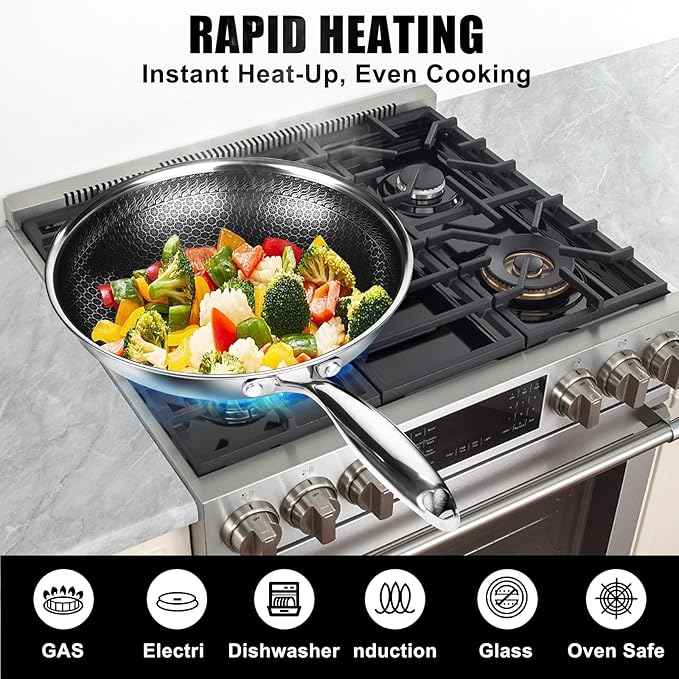 10 Inch Nonstick Frying Pan with Lid, Stainless Steel Skillet with Honeycomb Surface, Induction Compatible, Oven & Dishwasher Safe, PFAS-Free Cookware