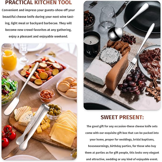 Patelai Cheese Butter Spreader Knives Set Charcuterie Accessories Stainless Steel Spreader Knives Charcuterie Boards Utensils Mini Serving Tongs Spoons and Forks for Appetizers Pastry(Silver)