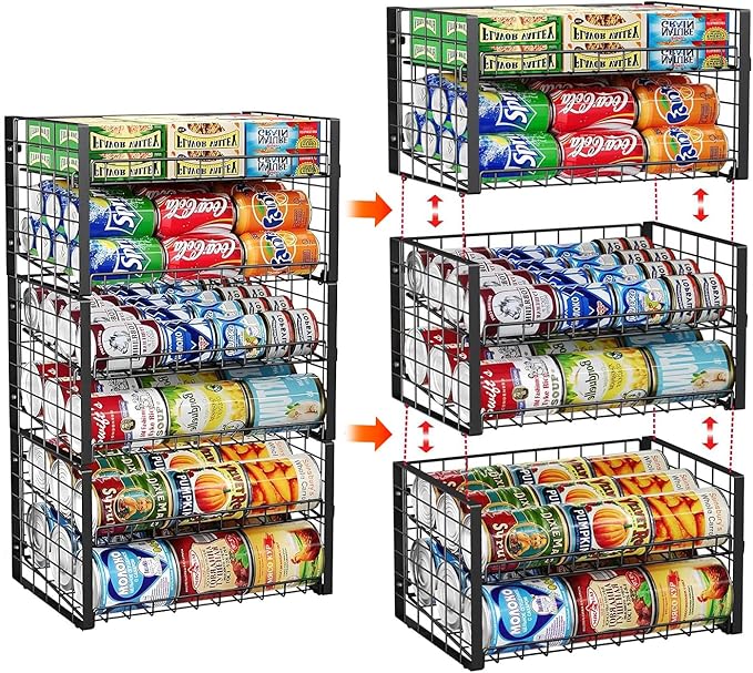 JKsmart 2-Tier Stackable Rack Organizer for Pantry, Adjustable Dispenser Holds Up to 90 Cans, Storage Holder for Various Ounces of Canned Drinks, Black, 3 Pack
