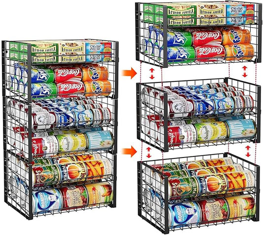 JKsmart 2-Tier Stackable Rack Organizer for Pantry, Adjustable Dispenser Holds Up to 90 Cans, Storage Holder for Various Ounces of Canned Drinks, Black, 3 Pack