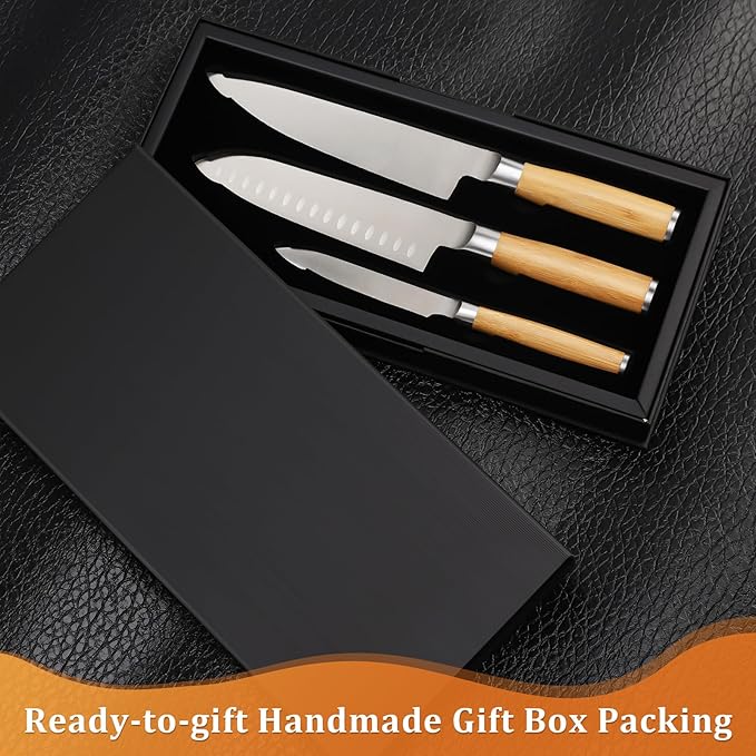 Kitchen Knives Set of 3 for Everyday Cooking,Starter Kitchen Knife Set Includes Chef,Santoku and Utility Knife,Molybdenum Vanadium Steel Knives Set with Carbonized Bamboo Handles and Gift Box
