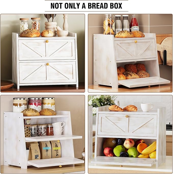 Vintage Double Layer Bread Box for Kitchen Counter Bamboo Bread Storage Container Large Capacity Bread Storage Bin (Antique White)