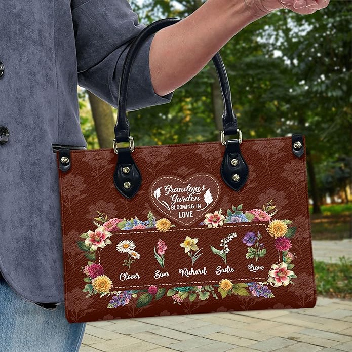 THUYPT Personalized Birth Flower Leather Bag for Mom, Women Faux Leather Handbags with Ziplock, Mother's Day Gifts
