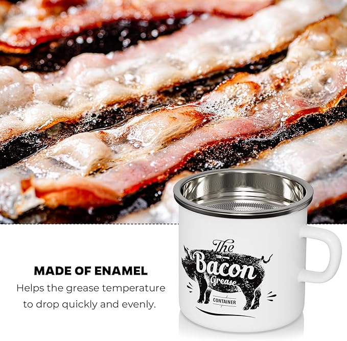 PGYARD Mini Bacon Grease Container With Strainer - 15OZ Enamel Grease Saver, Farmhouse Bacon Grease Keeper For Kitchen Fat Storage, Dishwasher Safe-White