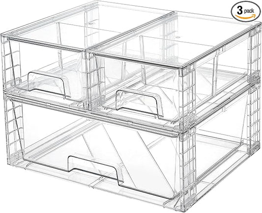 Vtopmart 3 Pack Stackable Storage Drawers, Easily Assemble Acrylic Bathroom Undersink Organizers,Clear Plastic Storage Bins for Closet,Cabinet,Pantry,Medicine Organization