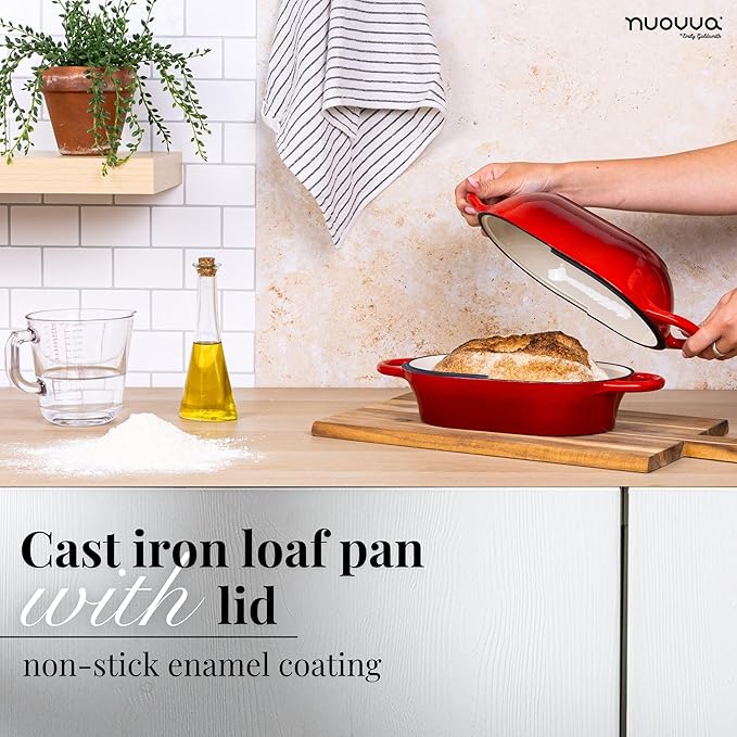 Dutch Oven For Sourdough Bread Baking – Enamelled Cast Iron Bread Loaf Pot – Oven Safe Non Stick Bread Pot – Rectangular, Red, 24cm x 16cm – by Nuovva