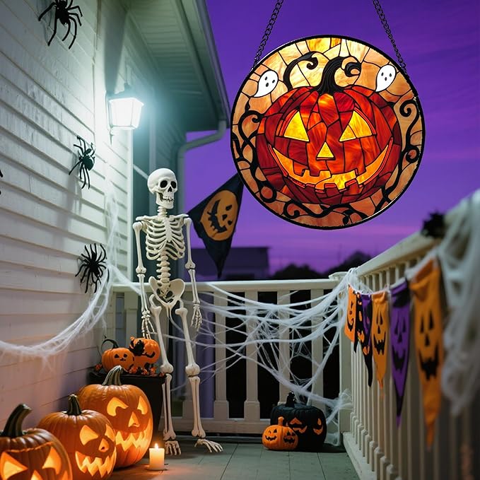 Stained Glass Window Hanging - Halloween Decorations Evil Pumpkin Orange Suncatcher for Doors Garden Indoor Funny Spooky Sun Catchers Gothic Decor Horror Gifts for Women Men Friend 11.8 in