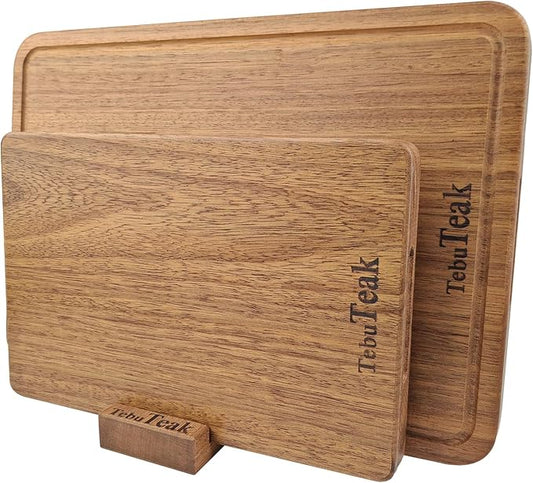 Solid Teak Wood Cutting Board Set - Single/One Piece Design Wooden Choping Boards Non Glued Knife-Friendly Durable Chopping Block for Kitchen Meat 15.8 x 11 IN & 12 x 8 IN (Includes Stand)