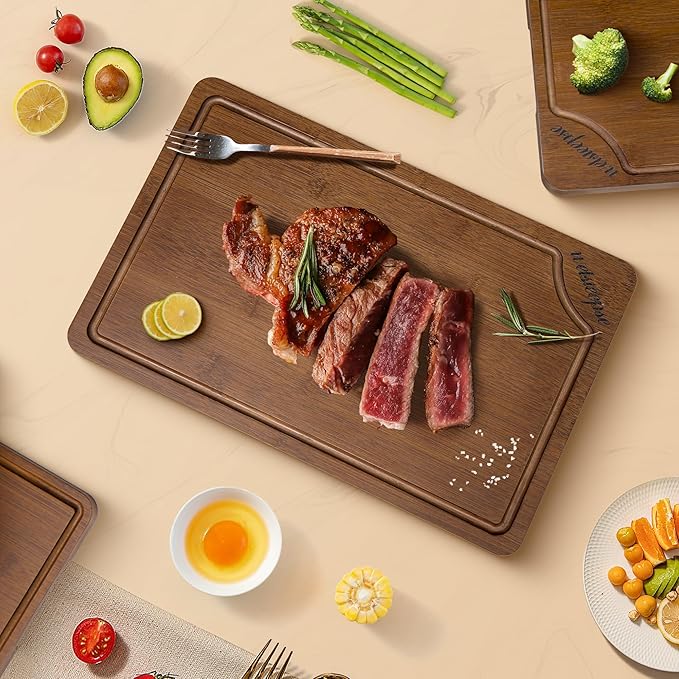 Extra Large Bamboo Cutting Board for Kitchen (Set of 3), with Deep Juice Grooves & Built-in Handles, Kitchen Gifts for Meat & Vegetables and Fruits, Durable Wood Cutting Boards with Holder