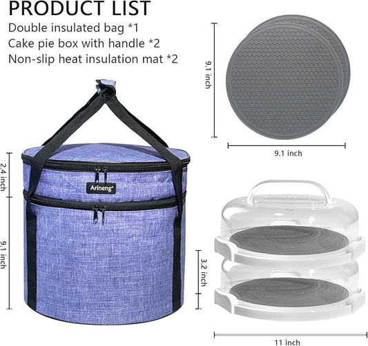 2 Pack Pie Containers with Lids and Handles, Includes Insulated Bags and Non-Slip Heating Pads, BPA Free Pie and Cheesecake Containers, Thanksgiving Gifts (Purple)