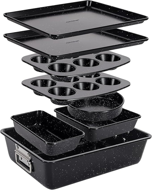 NutriChef 8-Piece Stackable Bakeware Set - Carbon Steel Non-Stick Baking Pan Set, Sheet, Muffin, Round, Loaf, Square Cake & Deep Pans, 450°F Heat Resistant, Standard & Convection Ovens (Black Marble)