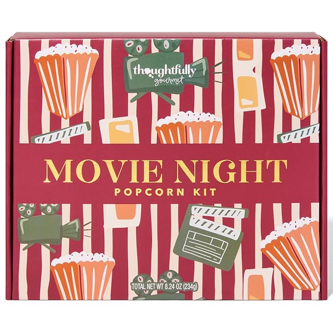 Thoughtfully Gourmet, Movie Night Popcorn Set, Includes Yellow and Mixed Popcorn Kernels, 10 Paper Bags, 5 Seasonings & Toppings