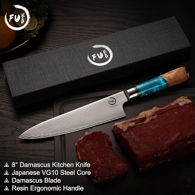 Chef Knife 8 inch, Damascus Chef Knife Japanese VG10 Core Steel with 66-Layers High Carbon Professional Sharp Chefs Knife 8" Blade Ergonomic Beautiful Blue Resin Handle Gift Boxed
