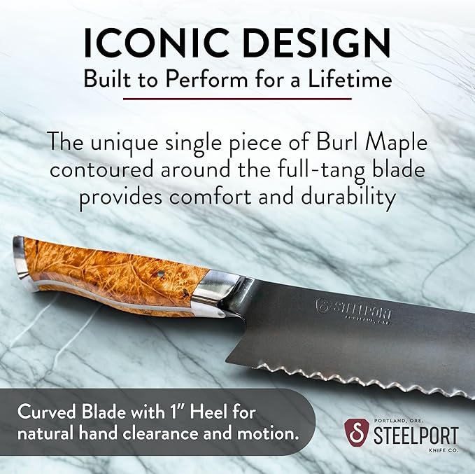 STEELPORT 10” Bread Knife – Multifunctional Serrated Kitchen Knife | Carbon Steel Blade for Sourdough, Bread, BBQ | Handcrafted Home & Professional Chef Tool with Oregon Maple Burl Handle