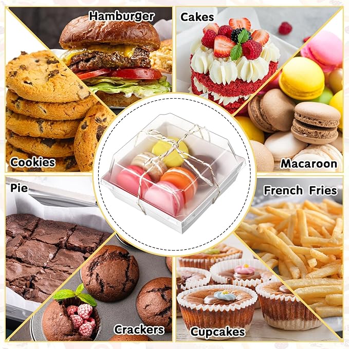 Ctosree 100 Pcs Paper Charcuterie Boxes with Clear Lids 4.5 Inches Disposable Cake Square Dessert Container Bakery Boxes Bundle with Rope for Food Cake Slice Cookie Sandwich Dessert(White)