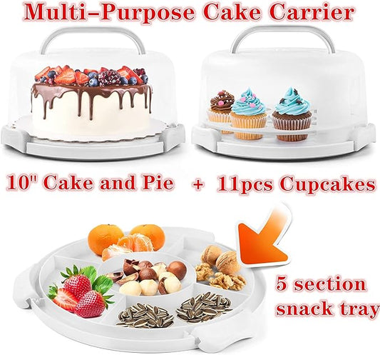 Portable Cake Carrier with Handle, Round Cupcake Holder with Lid, Plastic Storage Container Box fit 10 inch Cake, 3-Locking Muffin and Pies Keeper with Cover (White)