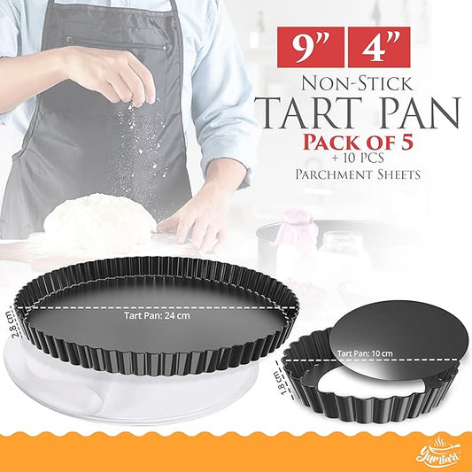 Bundle Pack 9" and 4" Mini Tart and Quiche Pan Combo, False Bottom, Deep Fluted Tart and Quiche with Removable Bottom - Non-Stick