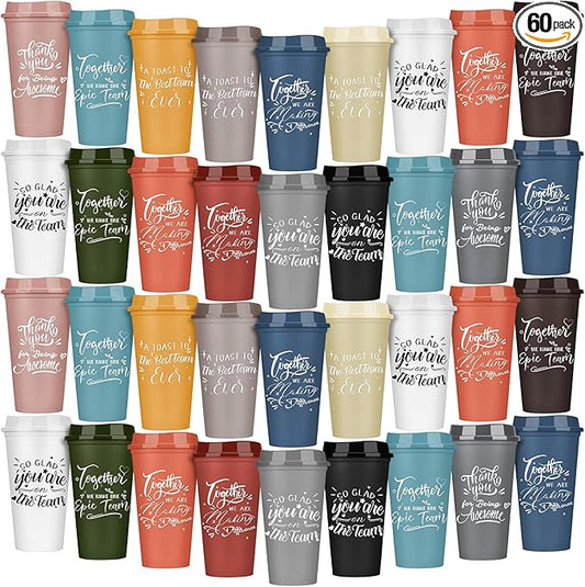 Pickmesh 60 Pcs Employee Appreciation Gifts Christmas Thank You Gift for Team Building 16 oz Teacher Plastic Coffee Cup with Lid Inspirational Travel Tumbler for Coworker Staff Pastor (Varicolored)
