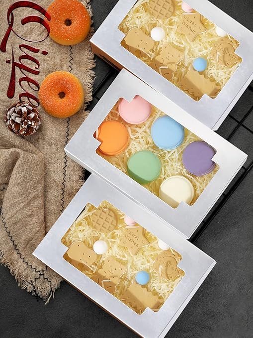 qiqee Silver Cookie Boxes for Gift Giving 8x5.3x2 inch 24Packs Silver Treat Box with Window Bakery Box for Donuts Candies and Biscuit