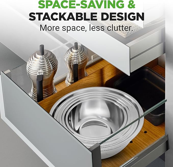 NutriChef 6-Piece Premium Stainless Steel Mixing Bowls - Heavy Duty Stackable Nesting Bowls - Kitchen Essentials for Food Prep, Marinating, Mixing Salad - Dishwasher Safe