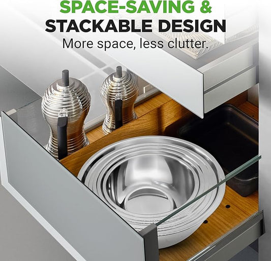 NutriChef 6-Piece Premium Stainless Steel Mixing Bowls - Heavy Duty Stackable Nesting Bowls - Kitchen Essentials for Food Prep, Marinating, Mixing Salad - Dishwasher Safe