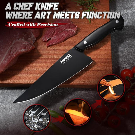Huusk Japanese Chef Knife for Kitchen - 8in Stainless Kitchen Knife with Black Titanium Coating, All Purpose Cooking Knives for Vegetable & Meat Cutting, Ultra Sharp Gyuto Knives, Fathers' Day Gifts