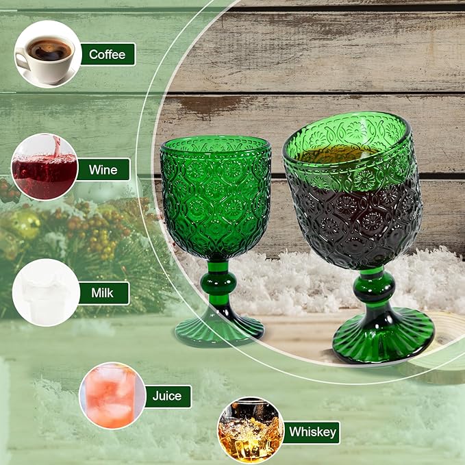 Vintage Wine Glasses Set of 6, 12 OZ Christmas Green Glass Water Goblets, Embossed Floral Decorative Crystal Glass Cups Set, Dishwasher Safe, for Wedding, Party, Red Wine Glass, Bars, Restaurants