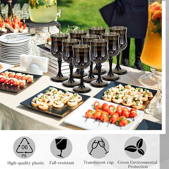 Pinkunn 6 Pcs 7 OZ Plastic Vintage Wine Glasses Reusable Colored Goblets Patterned Drinking Water Glasses Cup Dishwasher Safe for Halloween Wedding Reception Party Supplies (Black)