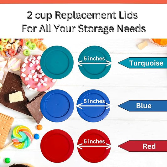 2 Cup/470 mL Turquoise, Blue, Red Replacement Lids/Covers for Pyrex 7200-PC, 16oz Anchor Hocking & Klare Ware Storage Bowls *Lids Only* - *Glass Container Not Included* (6 Pack, Turquoise/Blue/Red)