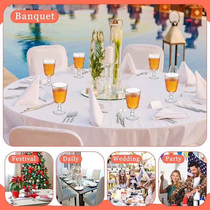 Eaasty Wine Glasses Set of 12 Vintage Goblet 9 oz Vintage Colored Glass Goblet Beverage Stemmed Glass Cups Romantic Embossed Glassware for Wedding Party Holidays Anniversary (Clear)