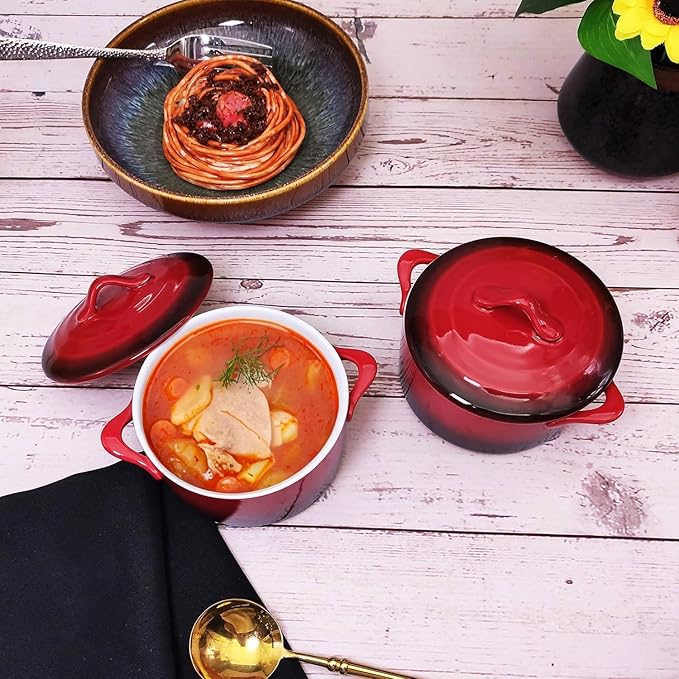 Ceramic Mini Cocotte Set, 17.7 Ounces Small Casserole Dishes with Lids and Handles, Individual Baking Ramekins, Oven, Microwave & Dishwasher Safe (Inner white outer gradient Red glaze)