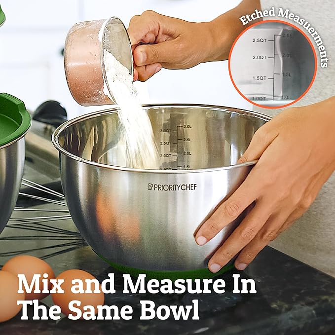Priority Chef Premium Mixing Bowls With Airtight Lids Set, Thicker Stainless Steel Mixing Bowl Set, Large Prep Metal Bowls with Lids, Nesting Bowls for Kitchen, 1.5/2/3/4/5 Qrt, Green