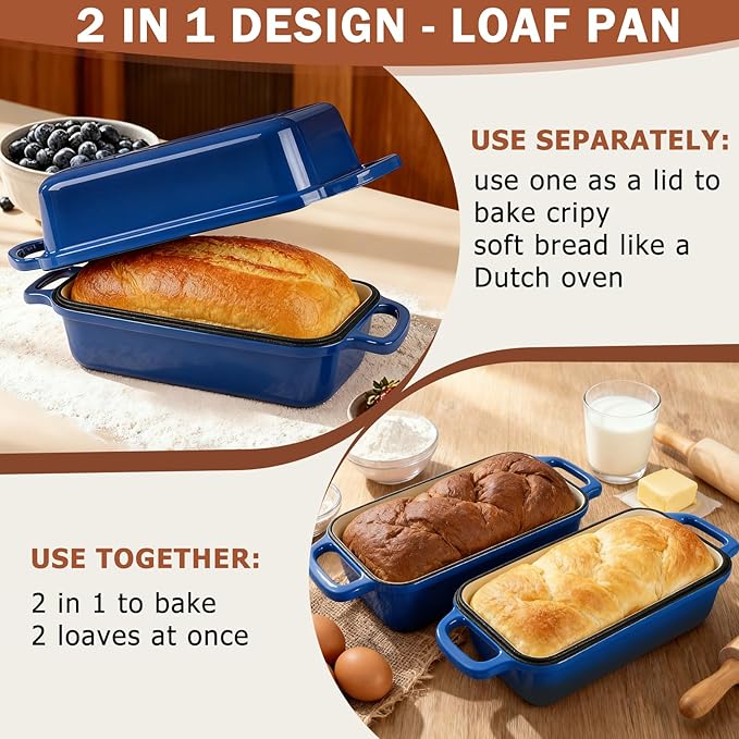 9 x 5 Inch Bread Pan Enameled Cast Iron Loaf Pan with Lid for Baking, 2 in 1 Non-stick Sourdough Bread Loaf Pan for Homemade Bread, Oven & Stovetop Safe for Gas, Electric & Induction, Blue