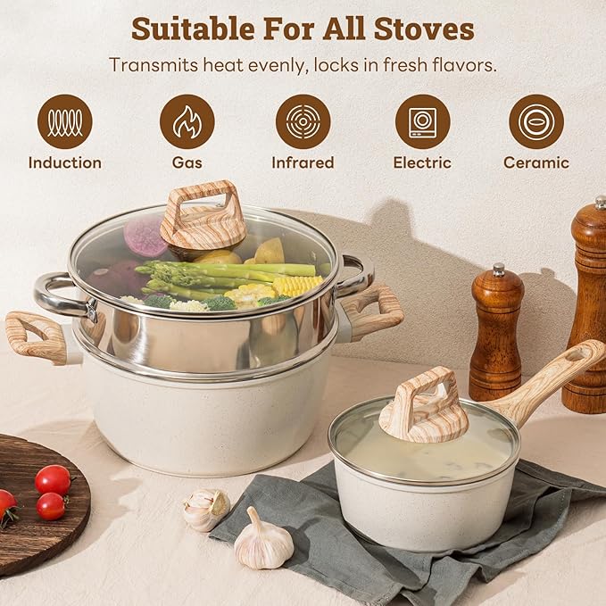17 Pcs Pots and Pans Set Non stick,Cookware Sets White Granite Induction Cookware, Non-toxic Healthy Non Stick Kitchen Cooking Set with Frying Pans Set, Saucepans (PFAS, PFOA, PFOS Free) White