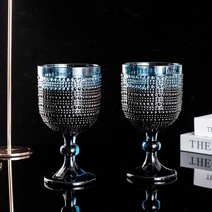 Bandesun Blue Hobnail Wine Glasses Set of 6 - Beads Goblet Glassware Vintage Drinkware