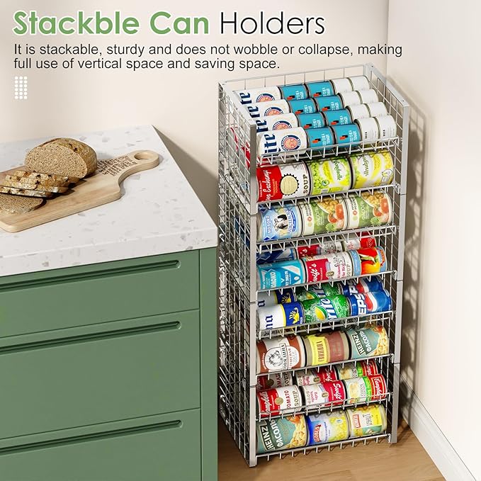 JKsmart 2-Tier Stackable Can Rack Organizer for Pantry, Adjustable Can Dispenser Holds Up to 62 Cans, Can Storage Holder for Various Ounces of Canned Food Soda Drinks, Silver, 2 Pack (Petent Pending)