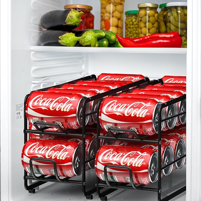 Soda Can Organizer Storage Rack, 2 Pack Stackable Beverage Soda Can Dispenser Organizer Holder for Refrigerator, Cabinet, Pantry (Black)