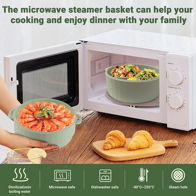 Double-Layer Microwave Steamer Basket, Food-Grade Steamer Pot for Vegetables with Handle and Lid, Heat-Resistant Microwave Steaming Bowl for Easy Clean, Dishwasher Safe, 3 Compartmented