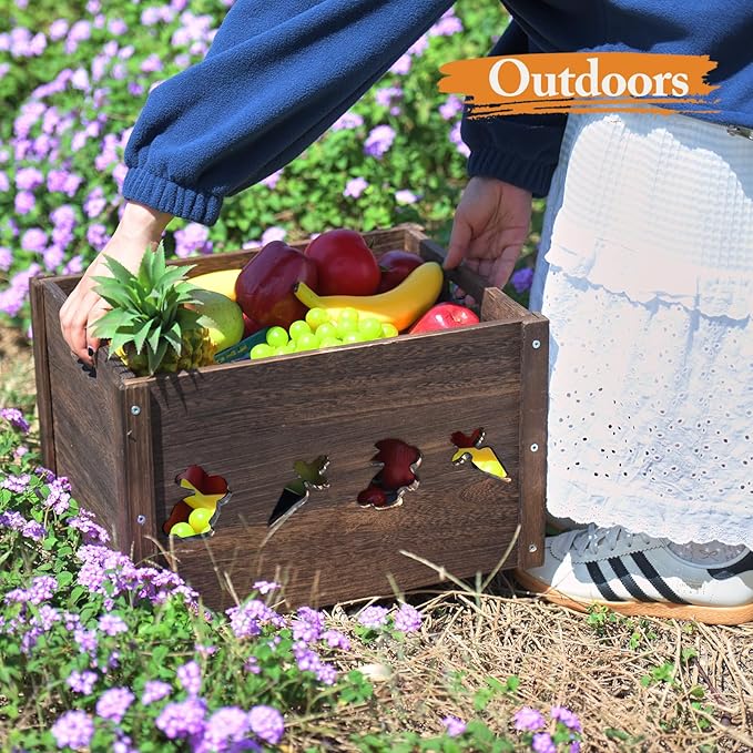 Wooden Crates 2 Pack, Hollow Rabbit Wooden Crates for Display & Storage, Farmhouse Handmade Wood Crate with Handles, Rustic Large Decorative Wood Crate Box for Display