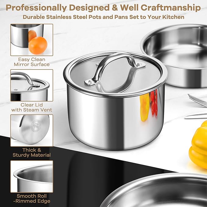 E-far 9pcs Stainless Steel Cookware Set, 3-Ply Pots and Pans Set w/Detachable Handle & Lid, Induction Cookware Kitchen Cooking Set for RV Camping, Nontoxic Whole Clad Frying/Saute/Sauce Pan, Oven Safe