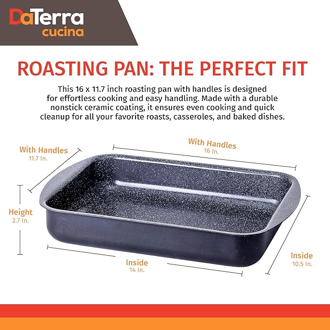 DaTerra Cucina Nonstick Roasting & Lasagna Pan – 16"x12"x3", Ceramic-Coated, Oven & Stovetop Safe to 600°F, Sturdy Base, PTFE, PFOA & Lead-Free, Durable & Stylish Deep Roasting Tray - Made in Italy
