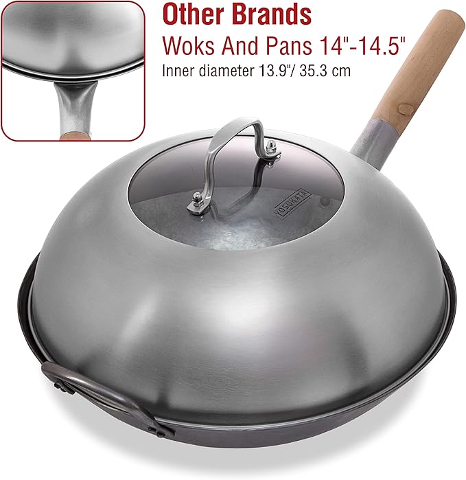YOSUKATA Wok Lid 13.6 Inch - Premium Stainless Cover with Tempered Glass Insert Steam Holes - Dishwasher-Safe Lid for 14-Inch Wok - Chees Melting Dome for Griddle