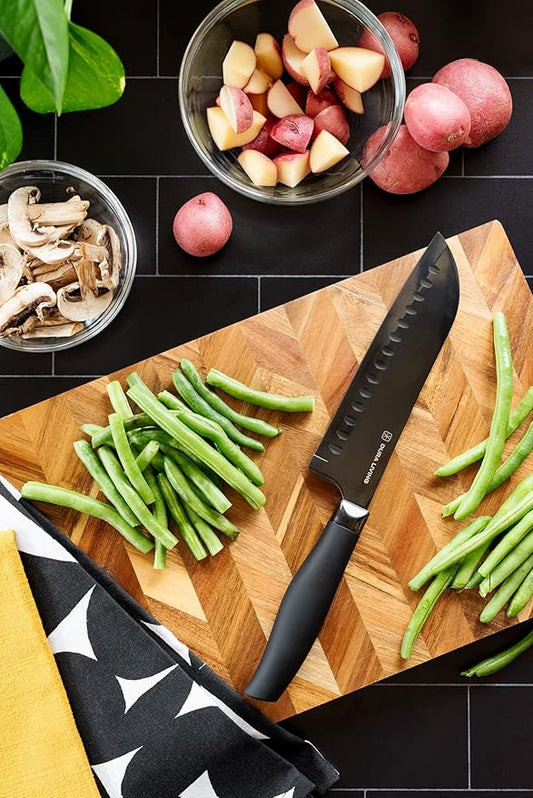 Santoku Knife - 7 Inch Black Nonstick Titanium Plated Stainless Steel Ultra Sharp Blade, With Ergonomic Comfort Grip Handle Asian Chef's Knife, With Matching Sheath