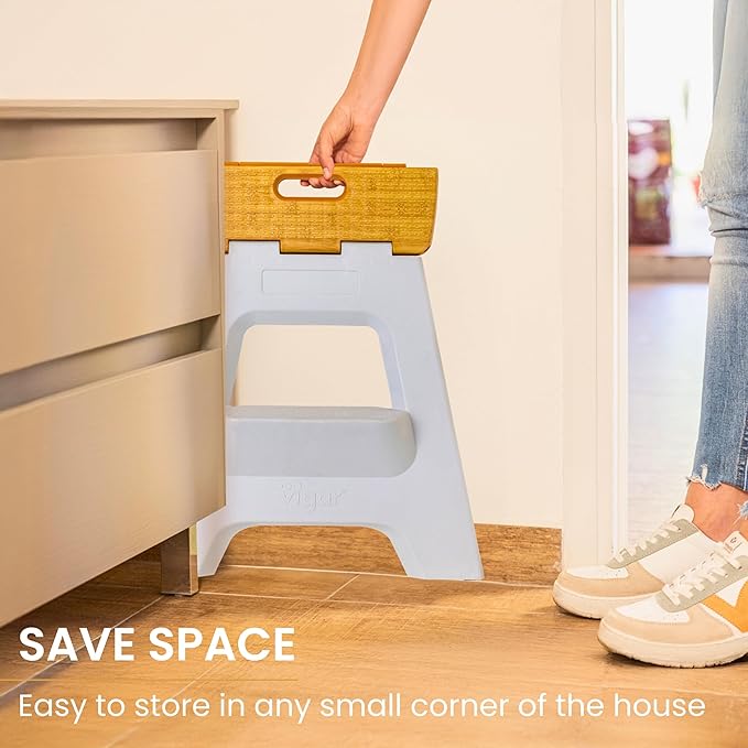 Vigar Compact Step Stool Foldable, 16-inch Two-Step Stools for Adults up to 330 Pound, Lightweight Stool, Non-Slip Folding Step Stool, Grey, Bamboo Print on Top