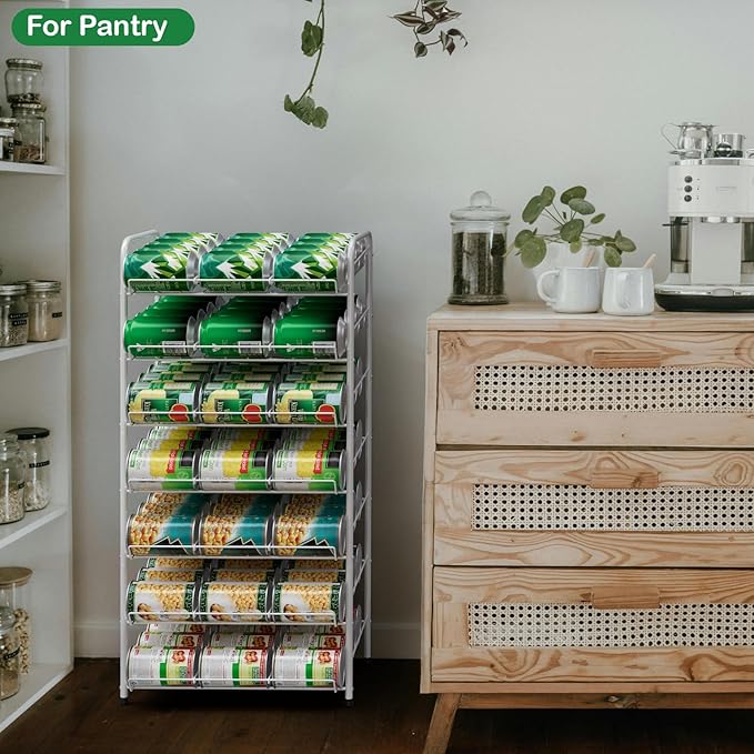 Vrisa Can Organizer for Pantry 7 Tier Canned Food Organizer Can Storage Rack Holds Up to 84 Cans Rolling Soda Soup Vegetable Can Goods Dispenser Shelf for Kitchen Pantry Cabinet, White