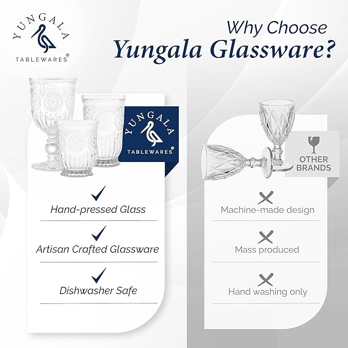 Yungala Vintage Wine Glasses,Set of 6 Glass Goblets for Water, Wine or Cocktails - Fancy Wine Glasses with a retro vibe. Sunflower Embossed Design on sturdy dishwasher-safe glasses.